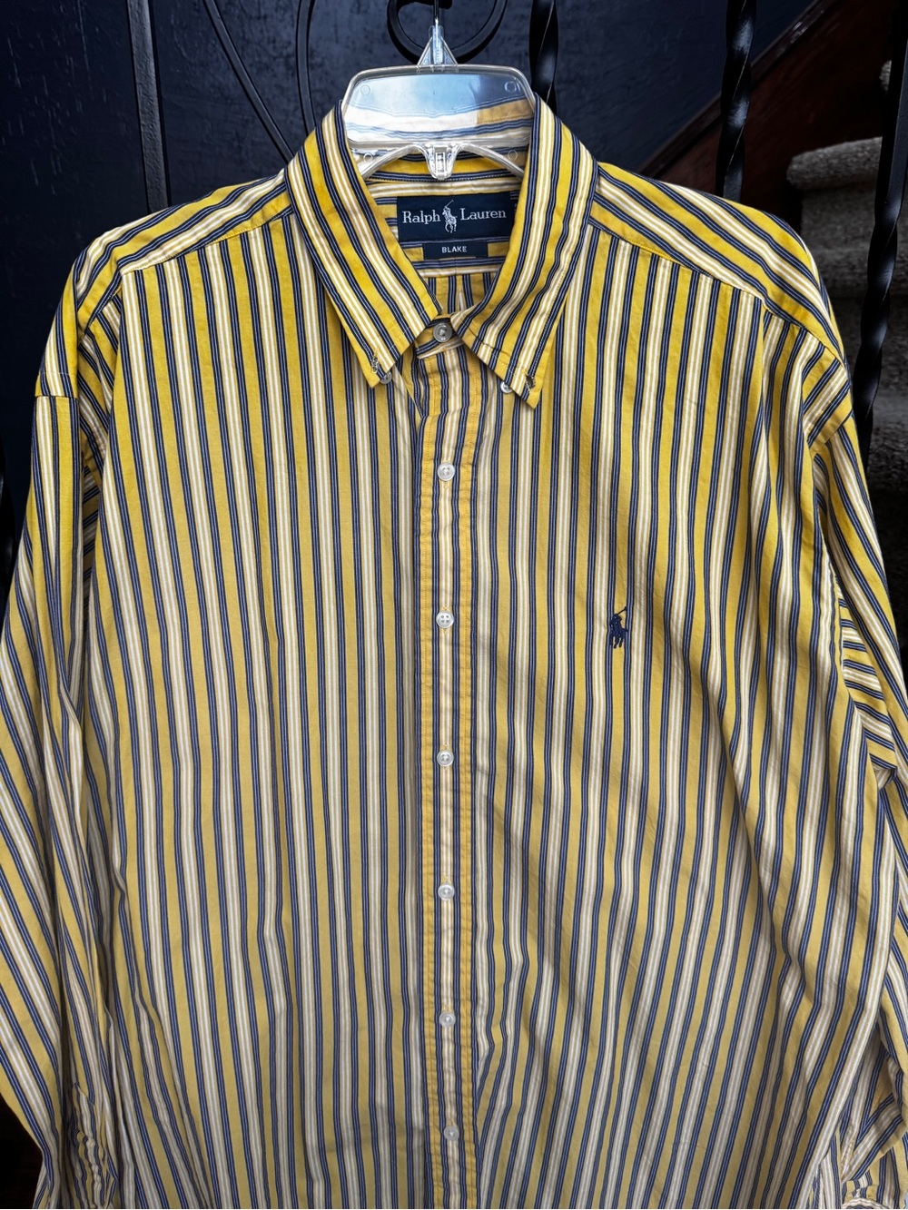Large Ralph Lauren Men's Yellow & Navy Stripe Button-Down Shirt
